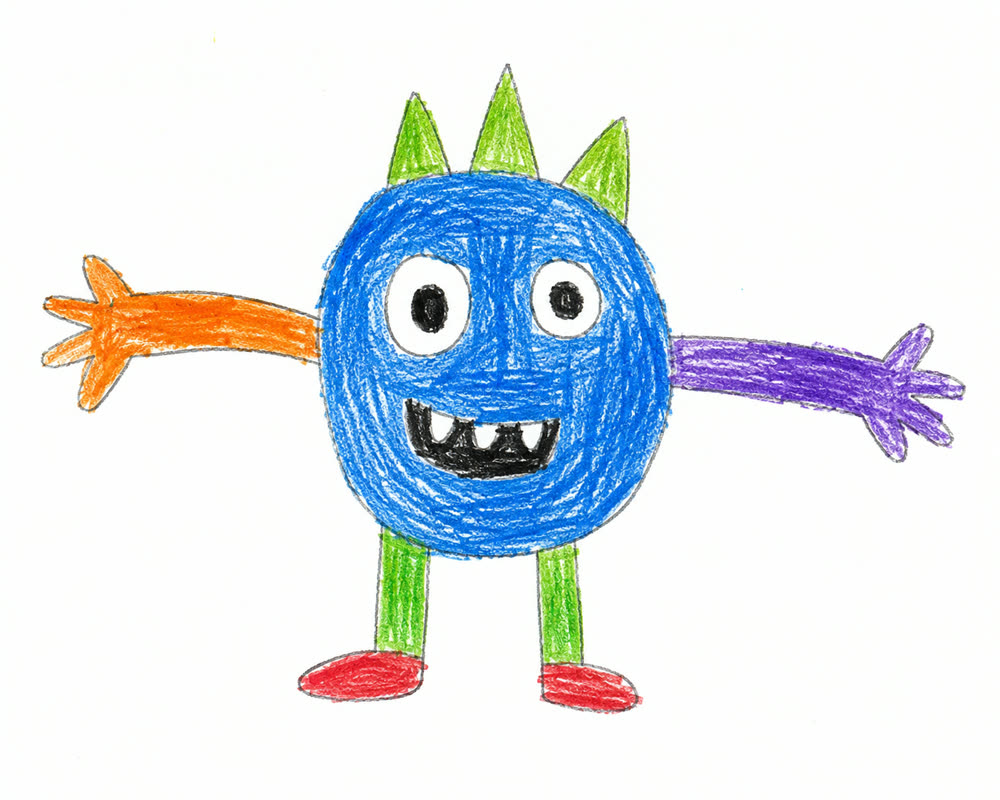 Dibujo original hecho por un niño con crayones: monstruo azul redondo, tres picos verdes, un brazo naranja, otro morado, patas verdes y zapatos rojos